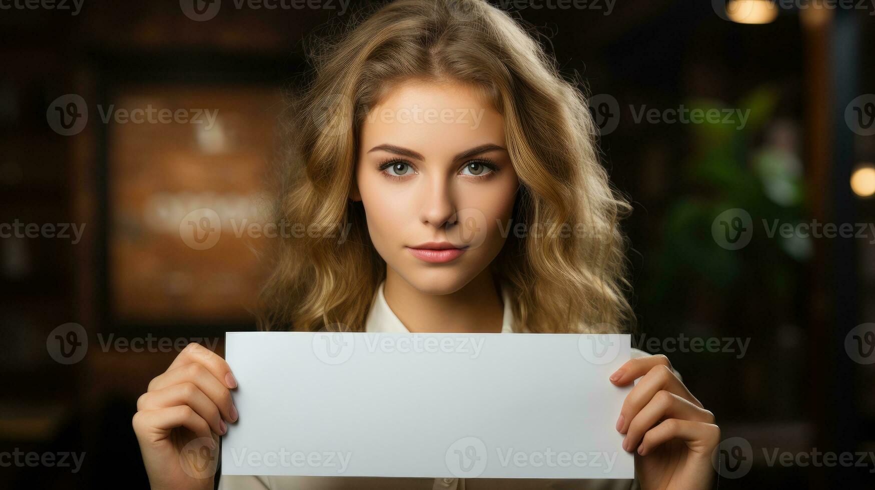 Businesswoman holding a blank sign AI Generated photo