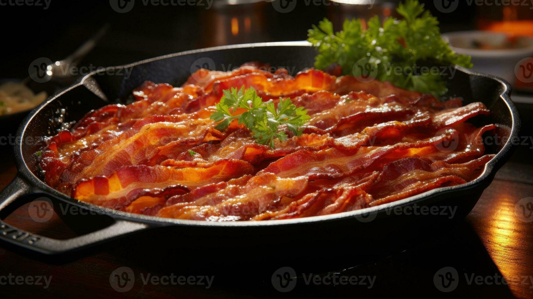 Crunchy streaky bacon fried in a cast iron skillet AI Generated photo