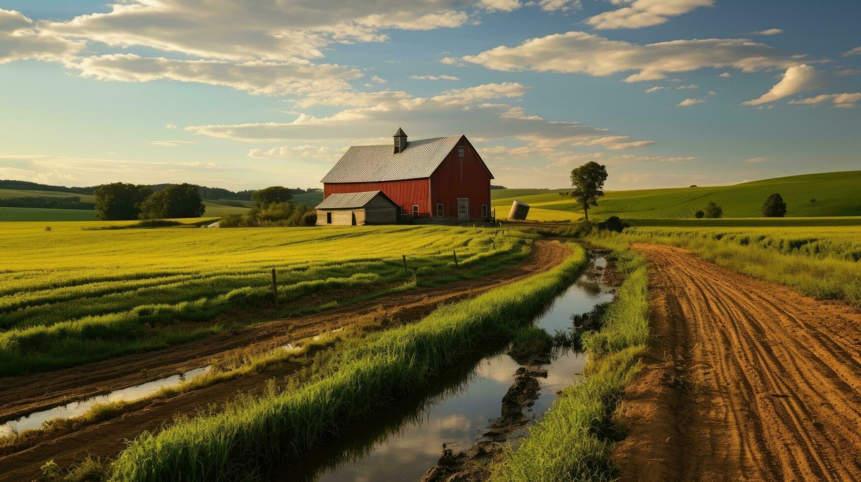Green fields rural barns AI Generated photo