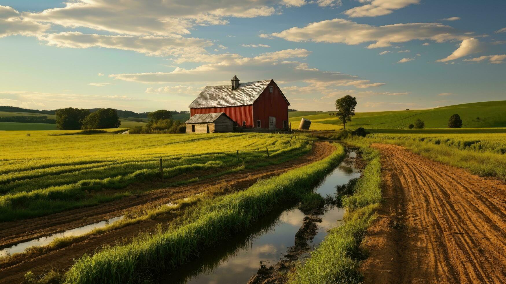 Green fields rural barns AI Generated photo