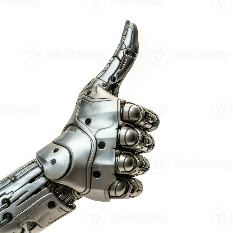 un robot mano demostración pulgar arriba aislado en blanco antecedentes ai generado foto