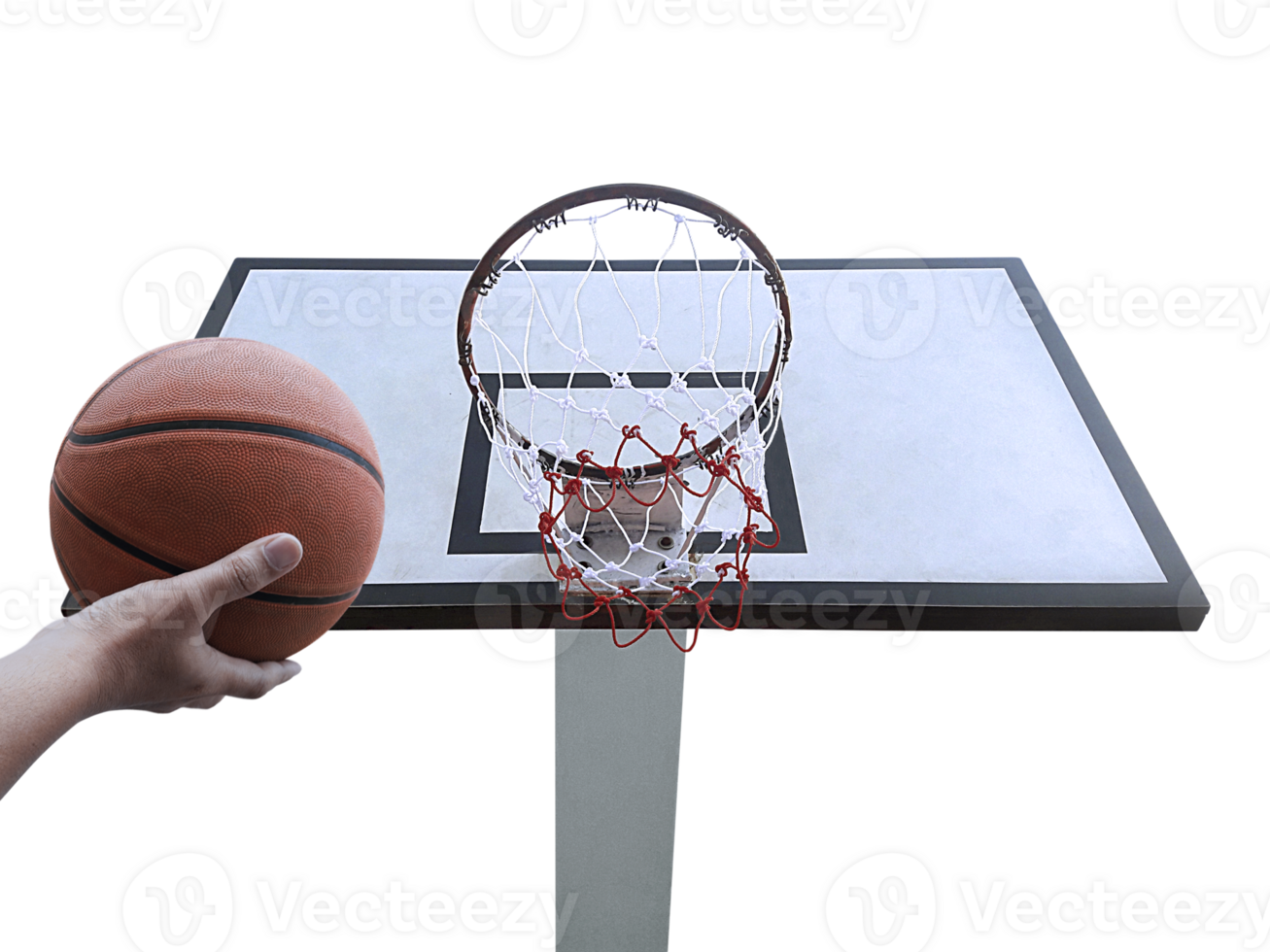 a man play basketball. Low angle view of basketball hoop, transparent background png