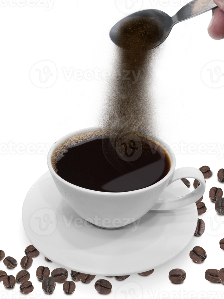 Hand pours instant coffee from a spoon in a coffee, transparent background png