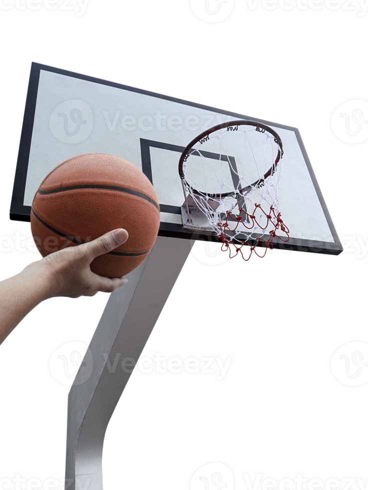 a man play basketball. Low angle view of basketball hoop, transparent background png