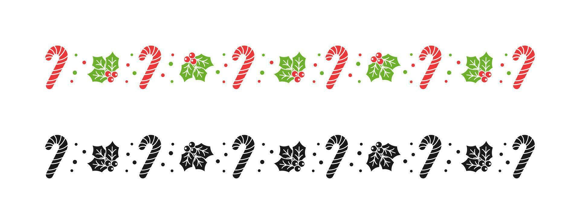 Christmas themed decorative wavy border and text divider set, Mistletoe and Candy Cane Pattern. Vector Illustration.