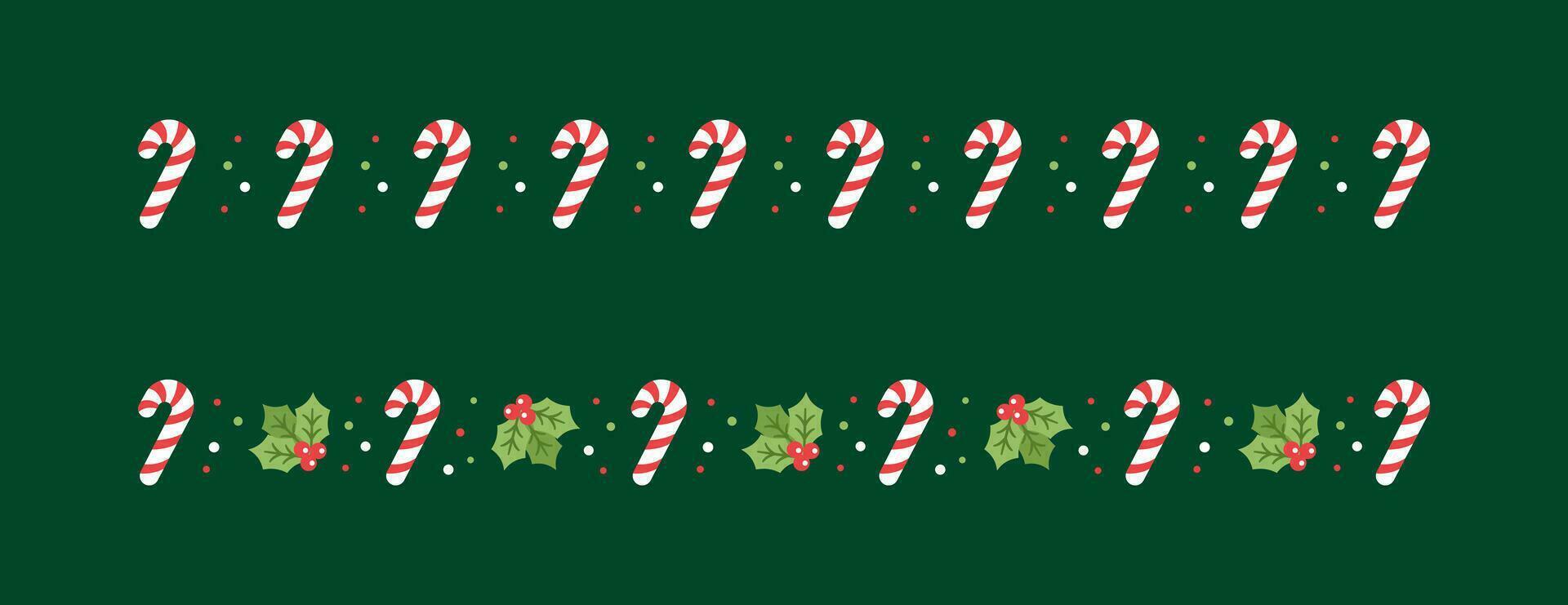 Christmas themed decorative border and text divider, Mistletoe and Candy Cane Pattern Set. Vector Illustration.
