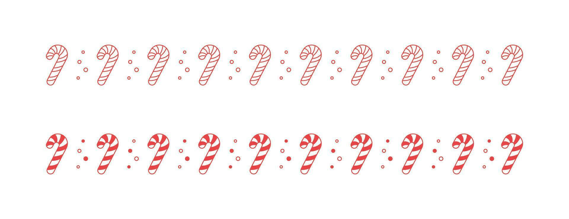 Red Christmas themed decorative border and text divider set, Candy Cane Pattern Outline and Silhouette. Vector Illustration.
