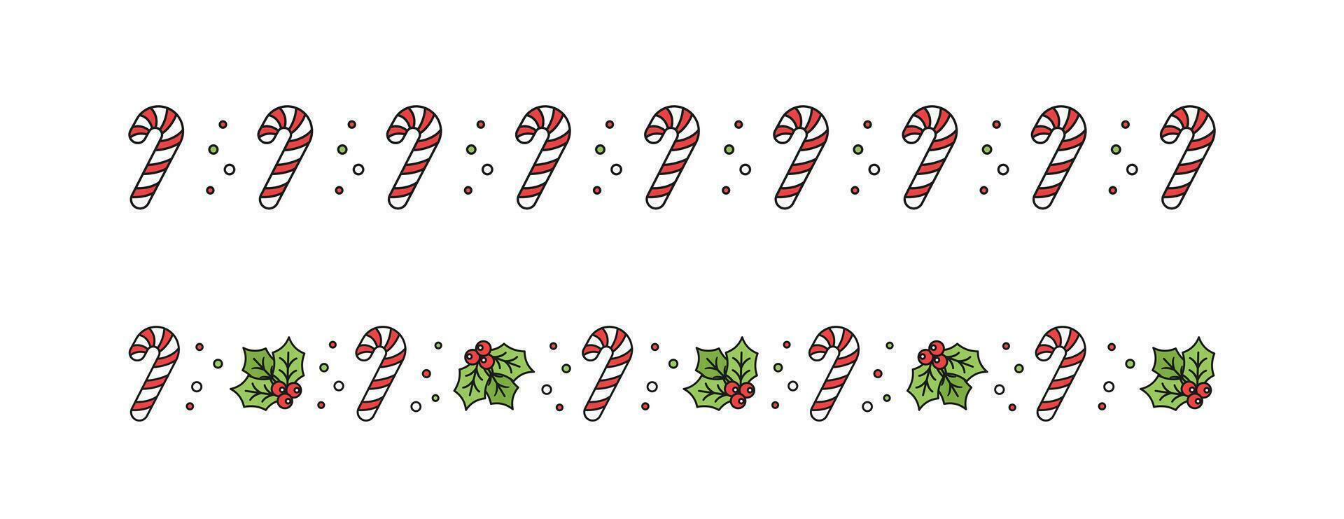 Christmas themed decorative border and text divider, Mistletoe and Candy Cane Pattern Set. Vector Illustration.