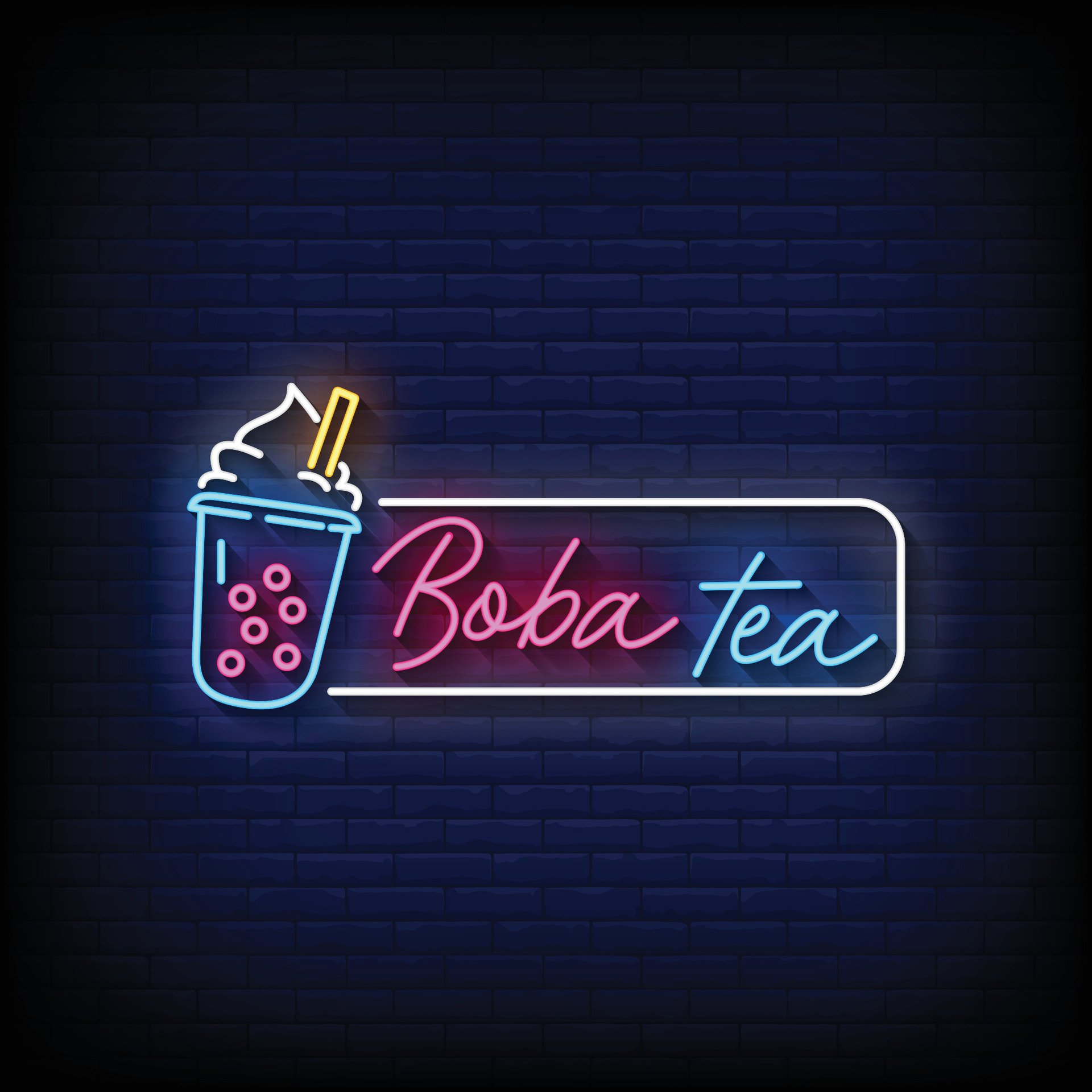 Neon Sign boba tea with brick wall background vector 30352724 Vector