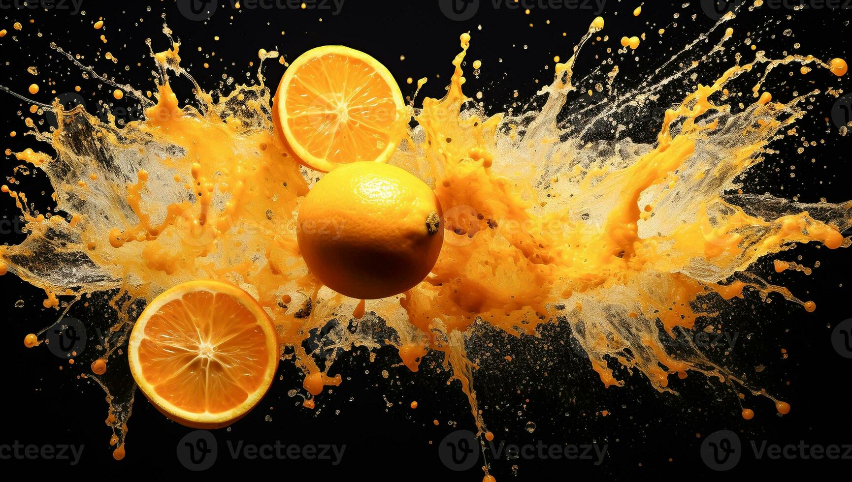 Falling oranges and juice orange splash, healthy food concept. AI Generative photo