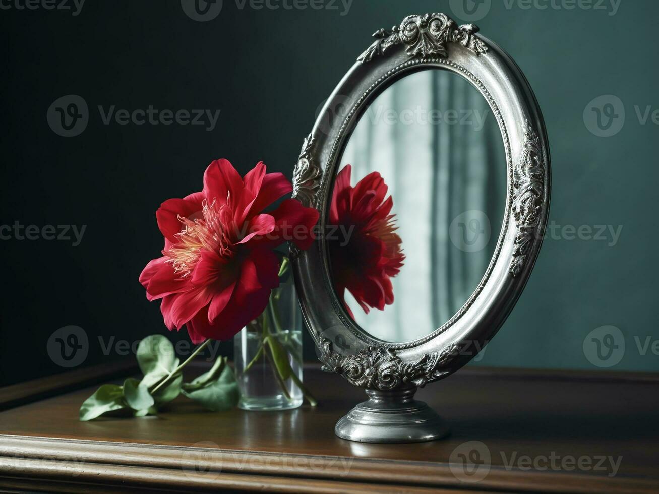 Romantic still life of flowers and a mirror. AI Generative photo