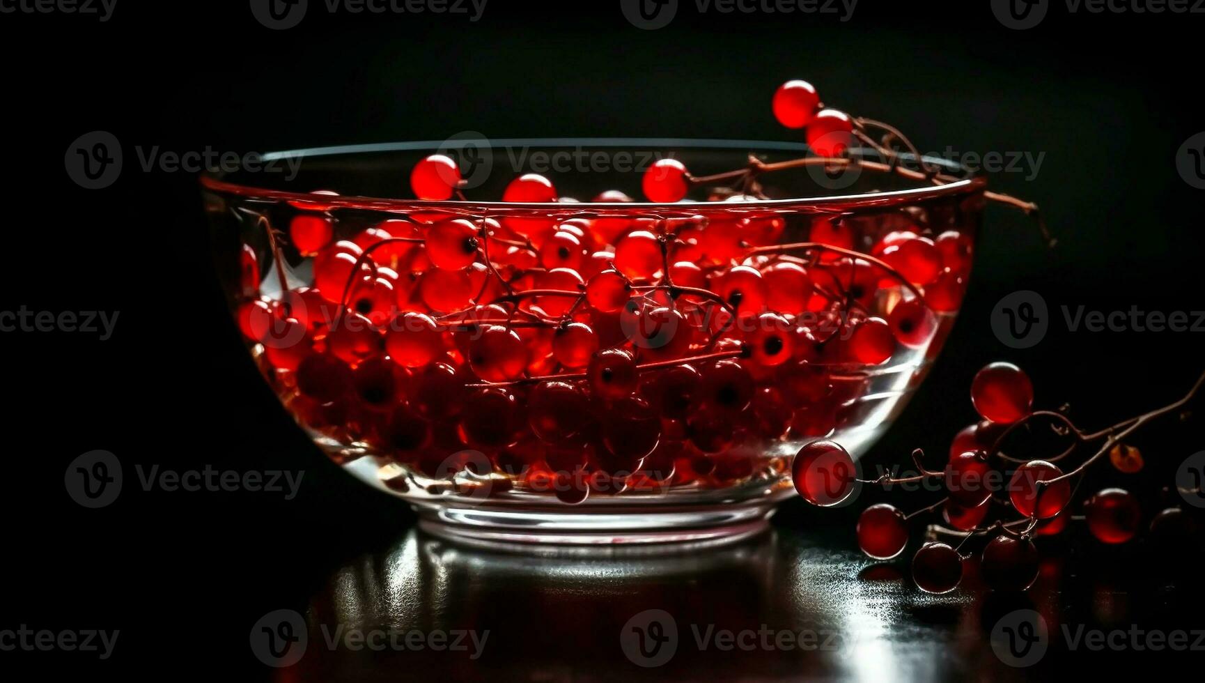 Glass bowl with vibrant red currants on dark background. AI Generative photo