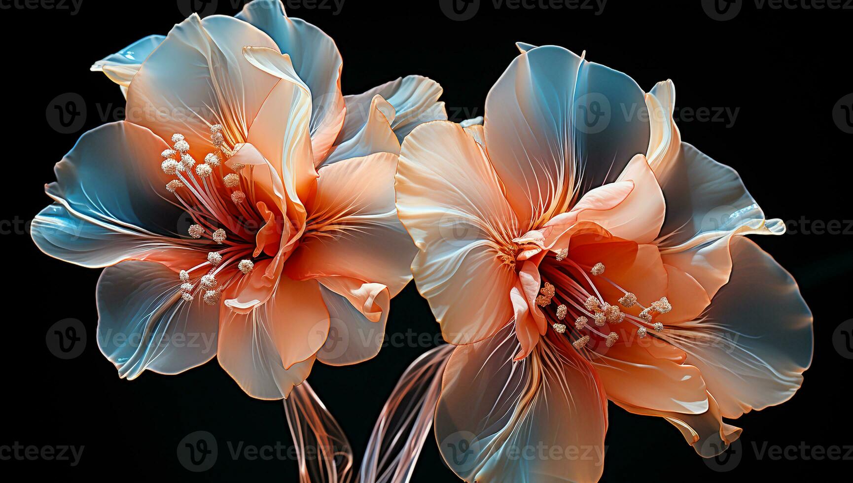 Illustration of glowing light orange transparent flowers. AI Generative photo