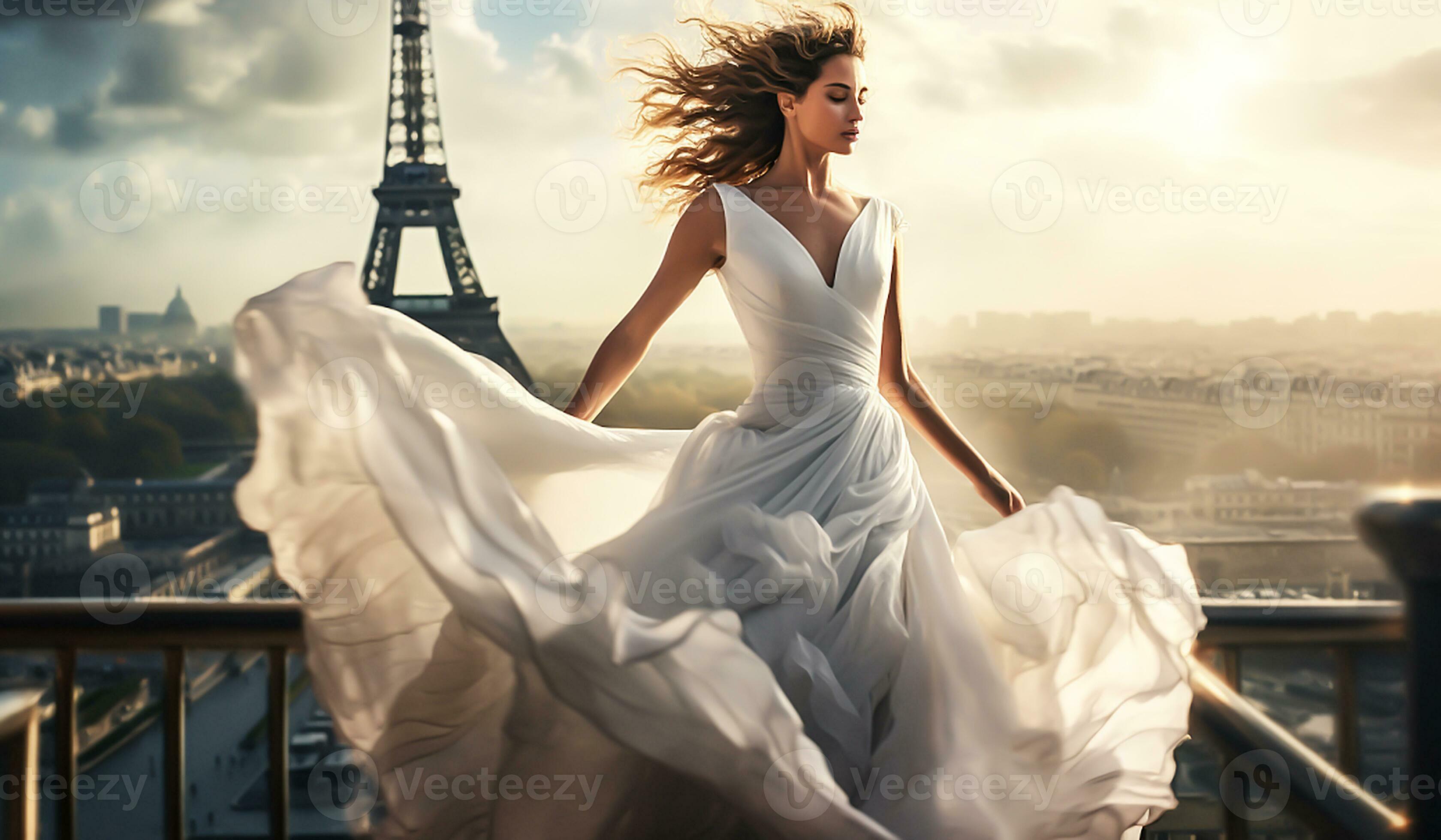 Woman with beautiful long silk dress fluttering in the wind. AI