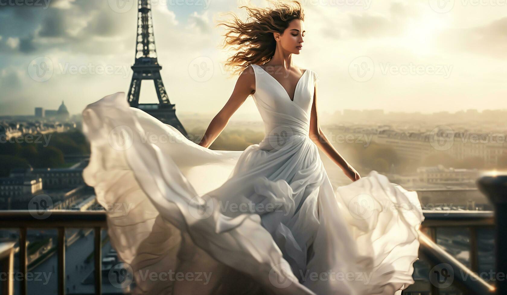 Woman with beautiful long silk dress fluttering in the wind. AI generated photo