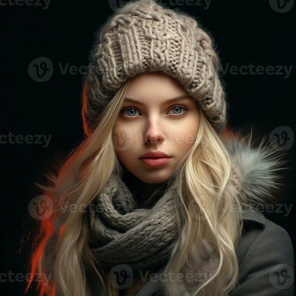 Girl dressed warmly in a woolen hat and scarf. Winter time. AI generated photo
