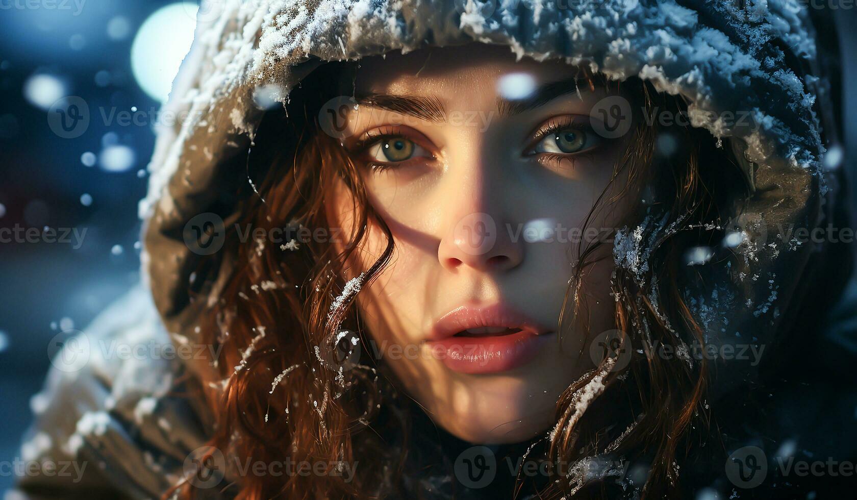Portrait of a woman under falling snow. Winter time. AI generated photo