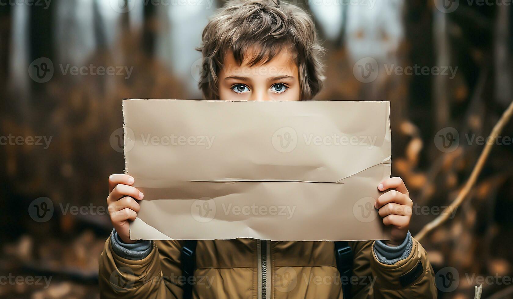 Kid, with his face covered, holds a sheet of paper. Free space for text. Generated AI photo