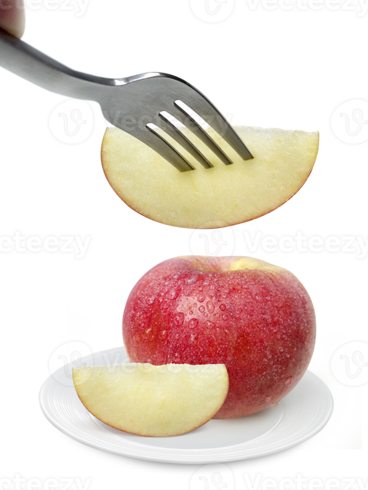 Apple fruit on dish and fork, transparent background png