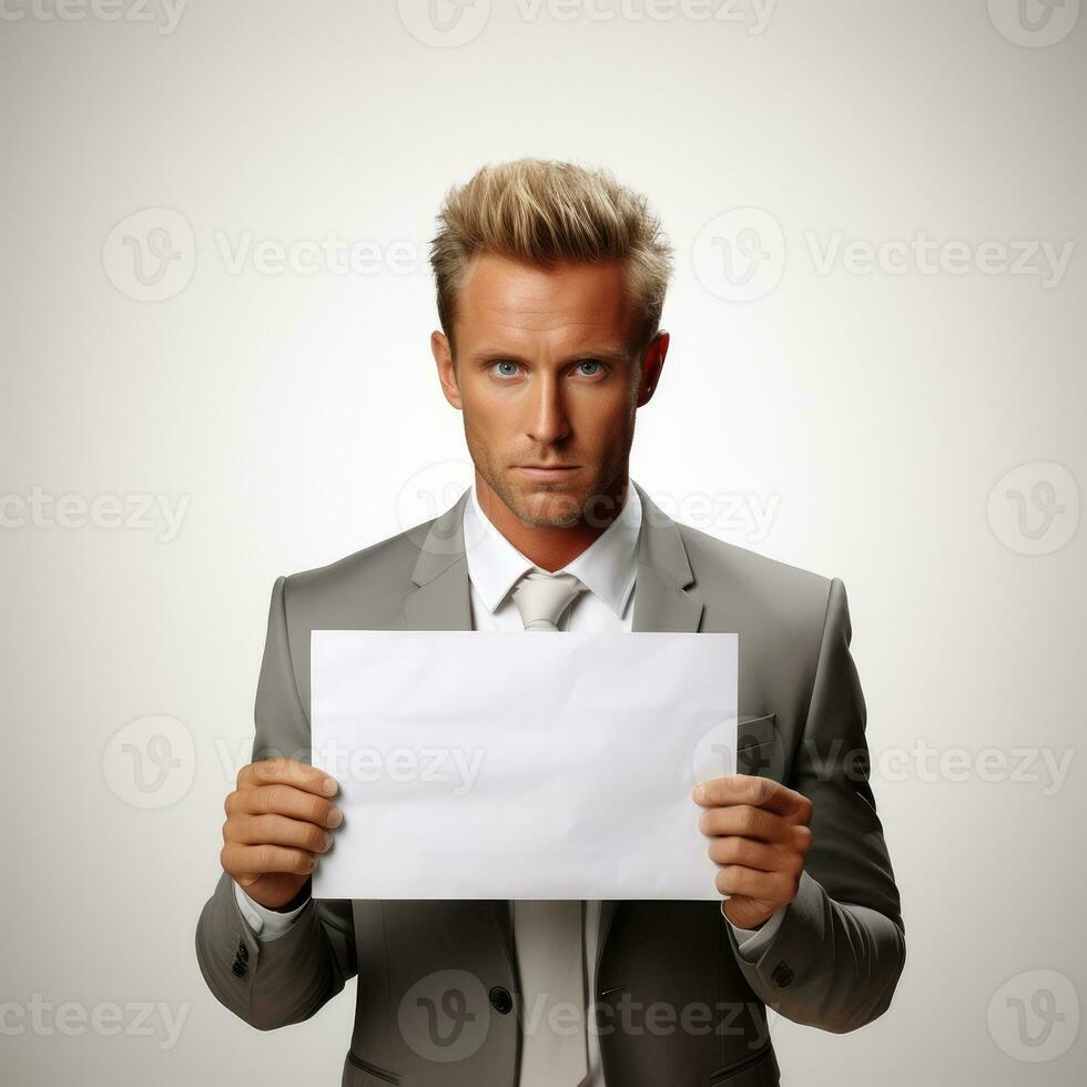 Businessman holding a blank sign Isolated on white background AI Generated photo