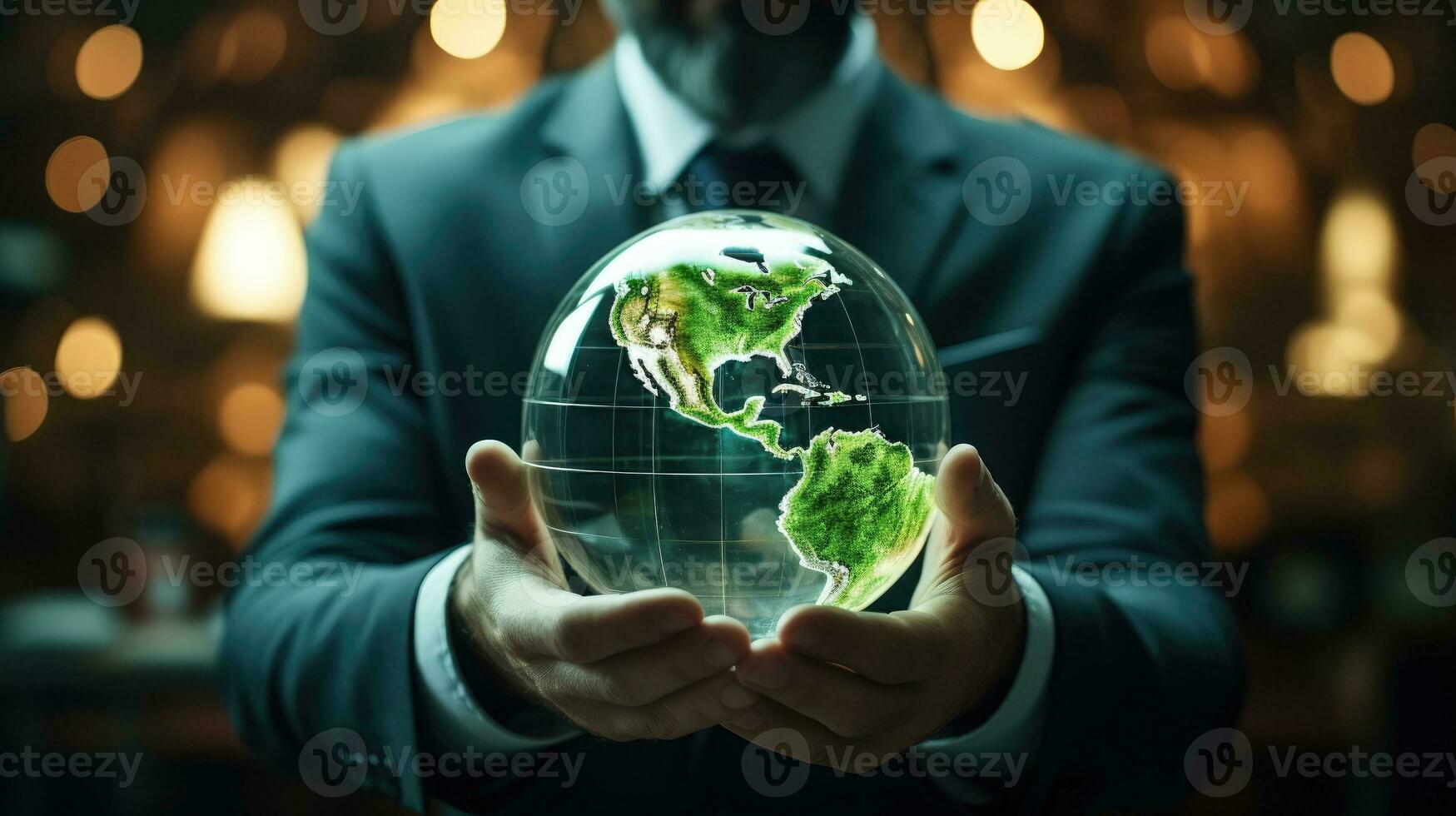 Businessman holding green earth AI Generated photo