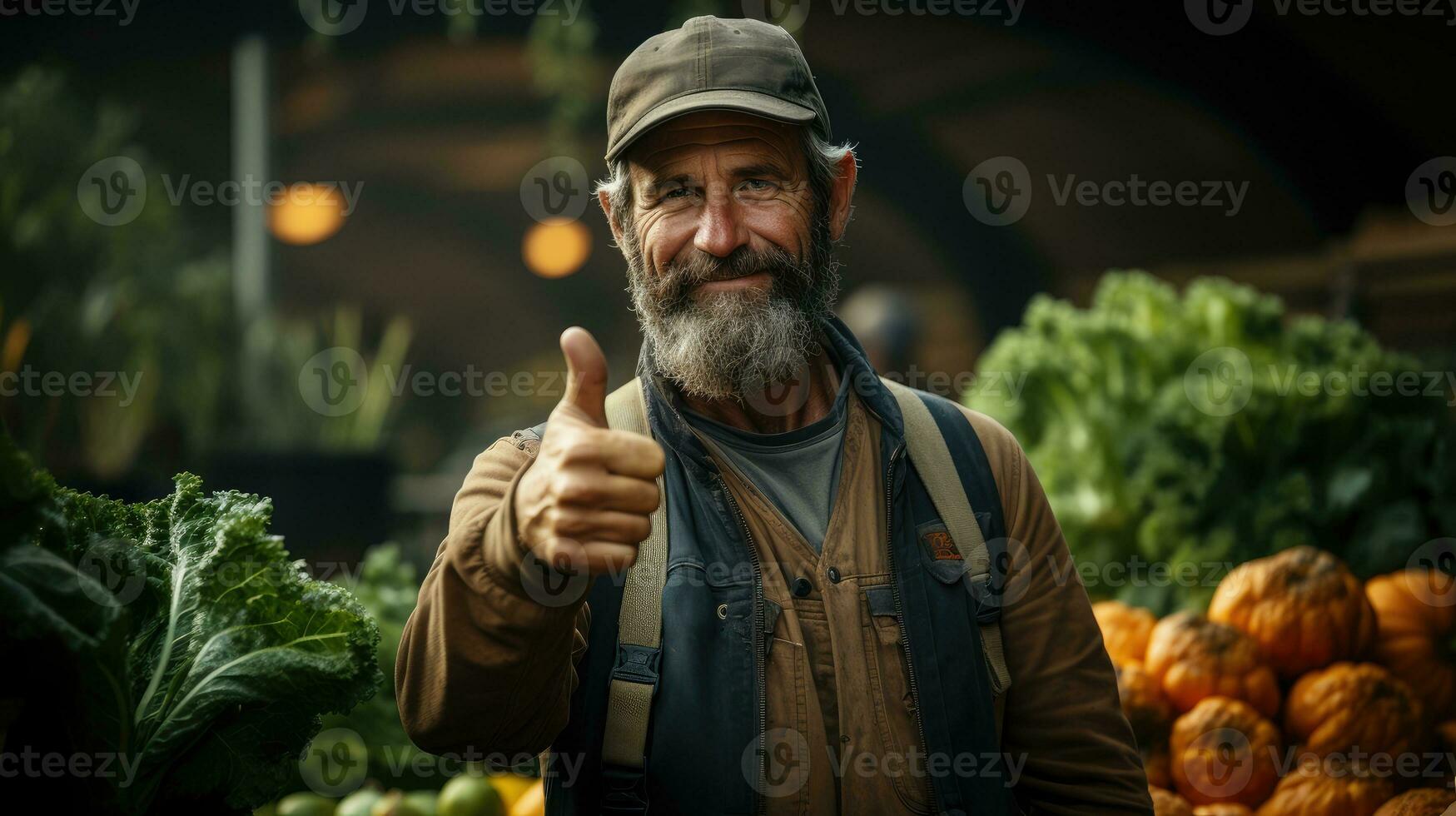 Farmer showing thumb up in Farm AI Generated photo