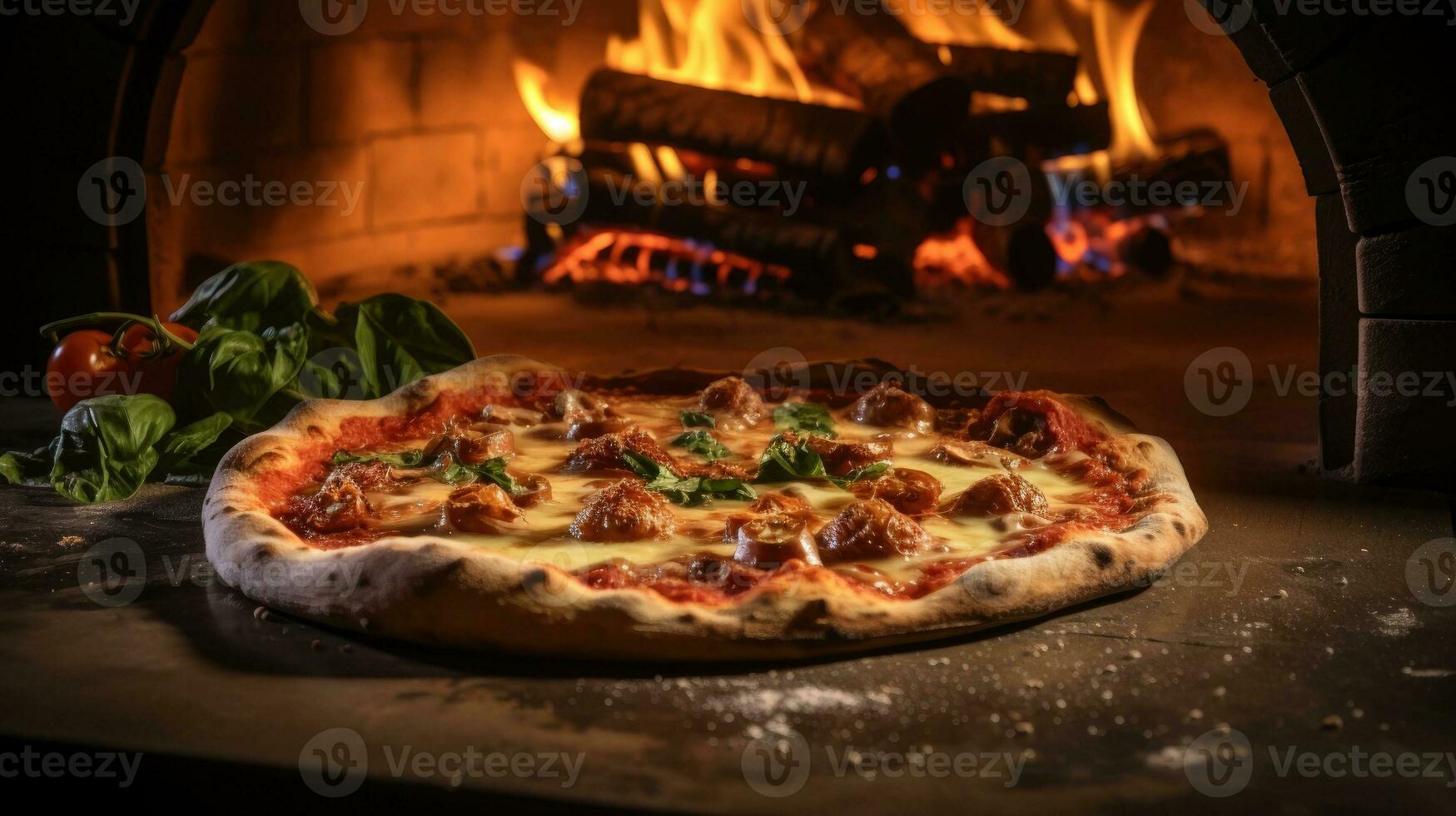 Freshly pizza from brick oven AI Generated photo