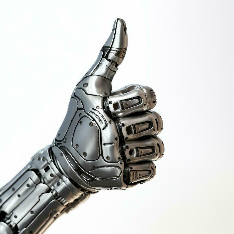 A robot hand showing thumb up Isolated on white background AI Generated photo