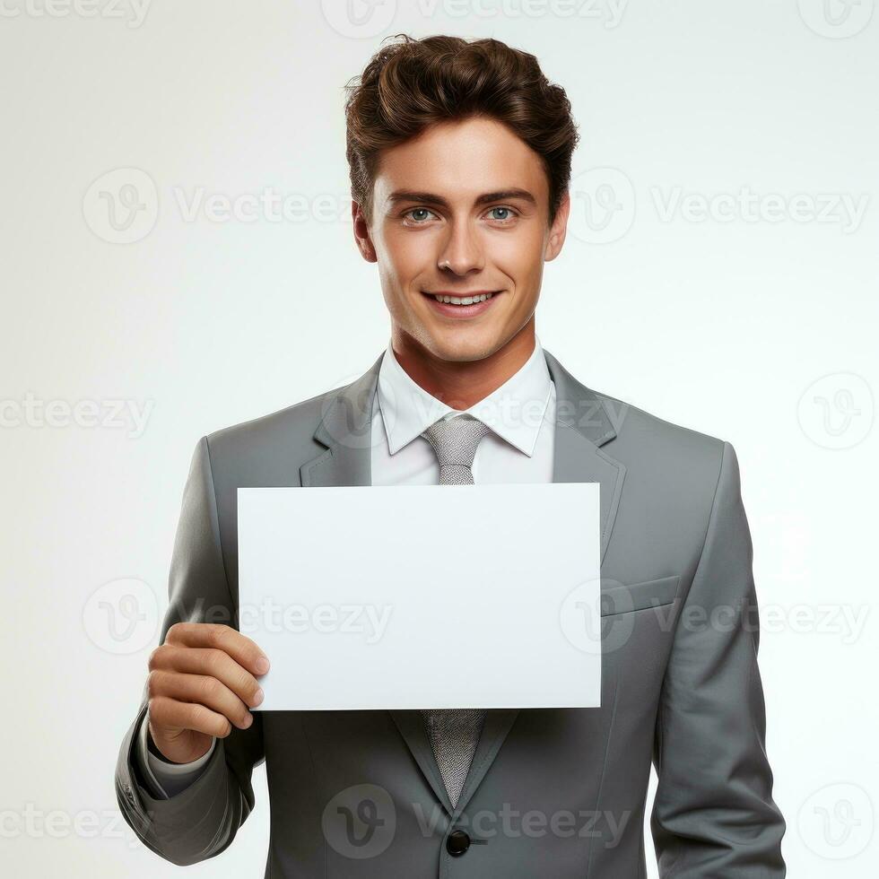 Businessman holding a blank sign Isolated on white background AI Generated photo