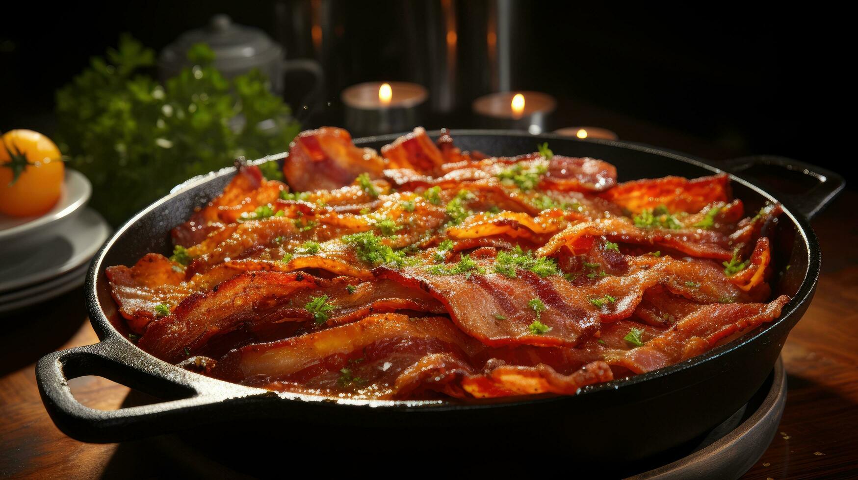 Crunchy streaky bacon fried in a cast iron skillet AI Generated photo