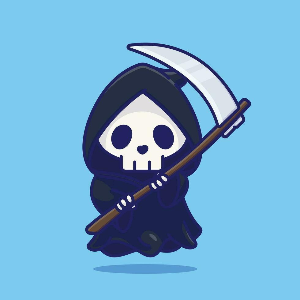 Cute grim reaper holding scythe cartoon vector illustration halloween holiday concept icon isolated