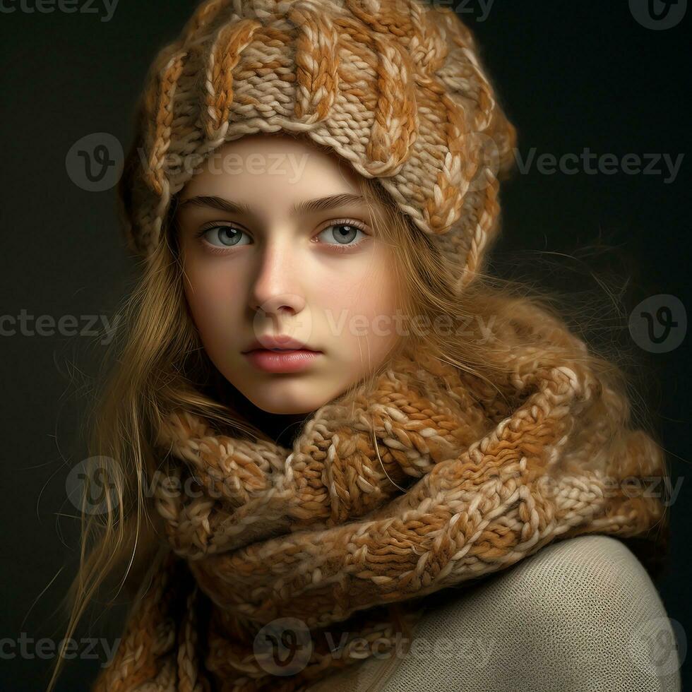 niña vestido calurosamente en un de lana sombrero y bufanda. invierno tiempo. ai generado foto