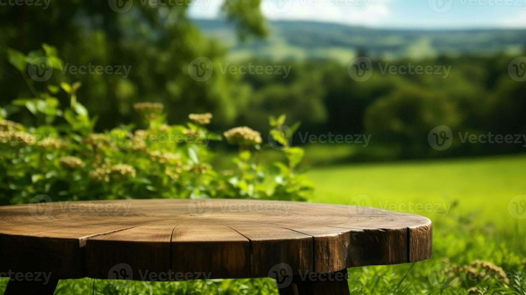 Wooden table in nature AI Generated photo