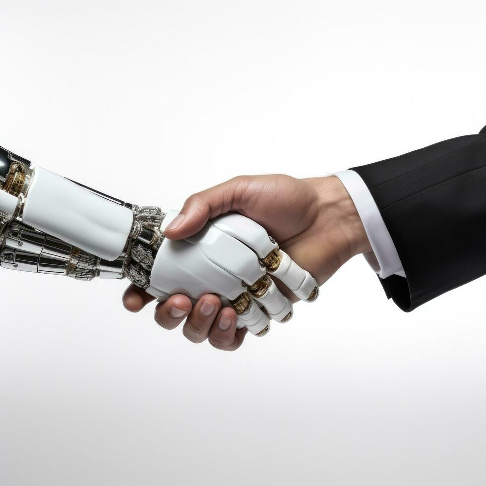 Businessman shake hand with robot Isolated on white background AI Generated photo