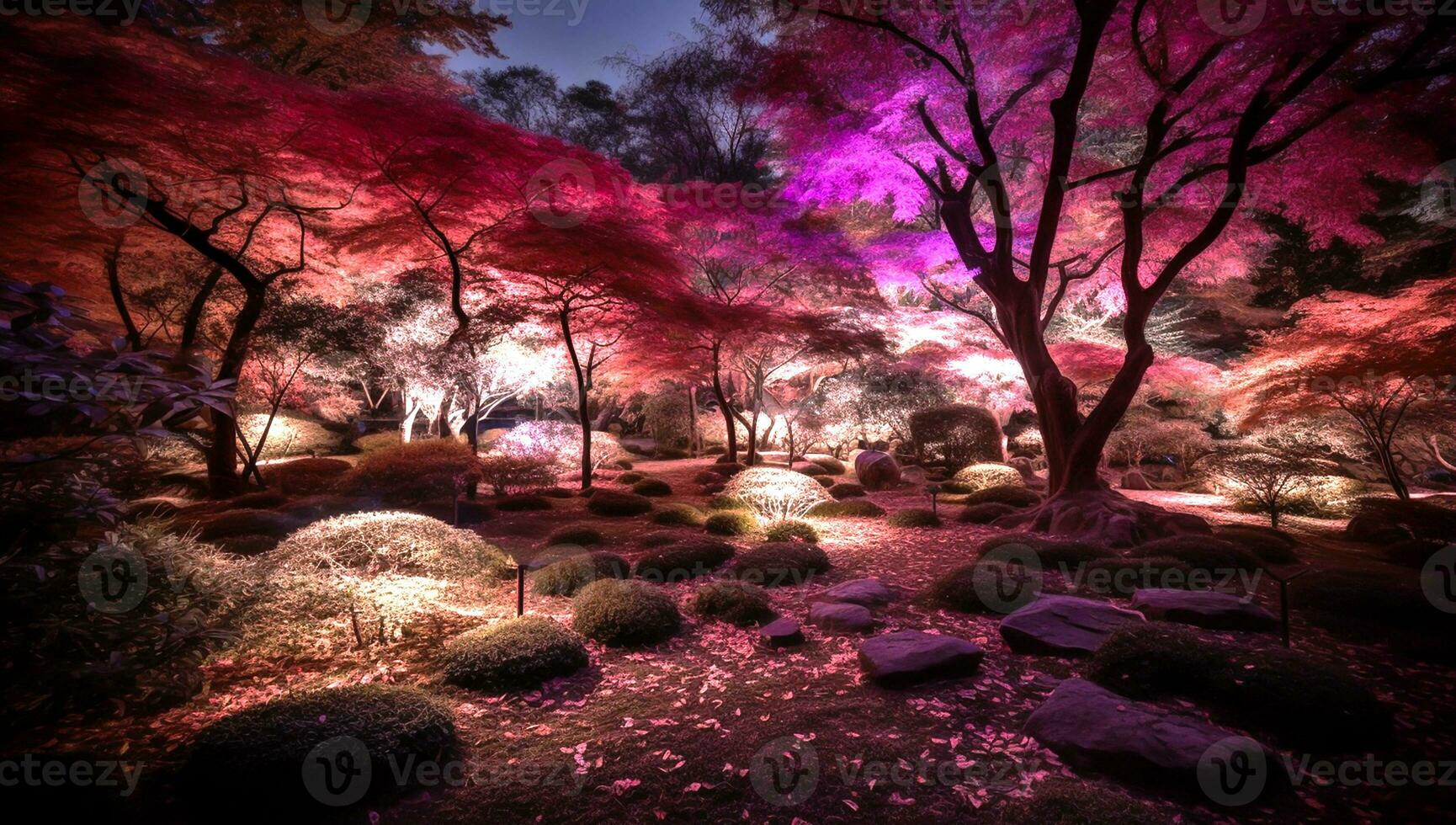 Japanese garden illustration in pink tones - Generative AI photo