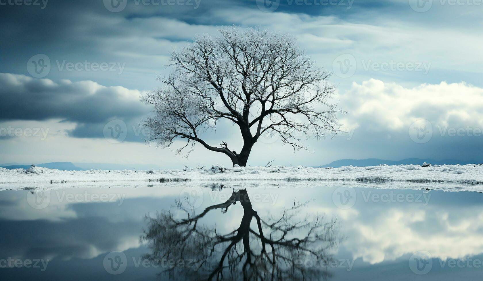 Minimalist winter landscape with a tree covered with snow. AI generated photo