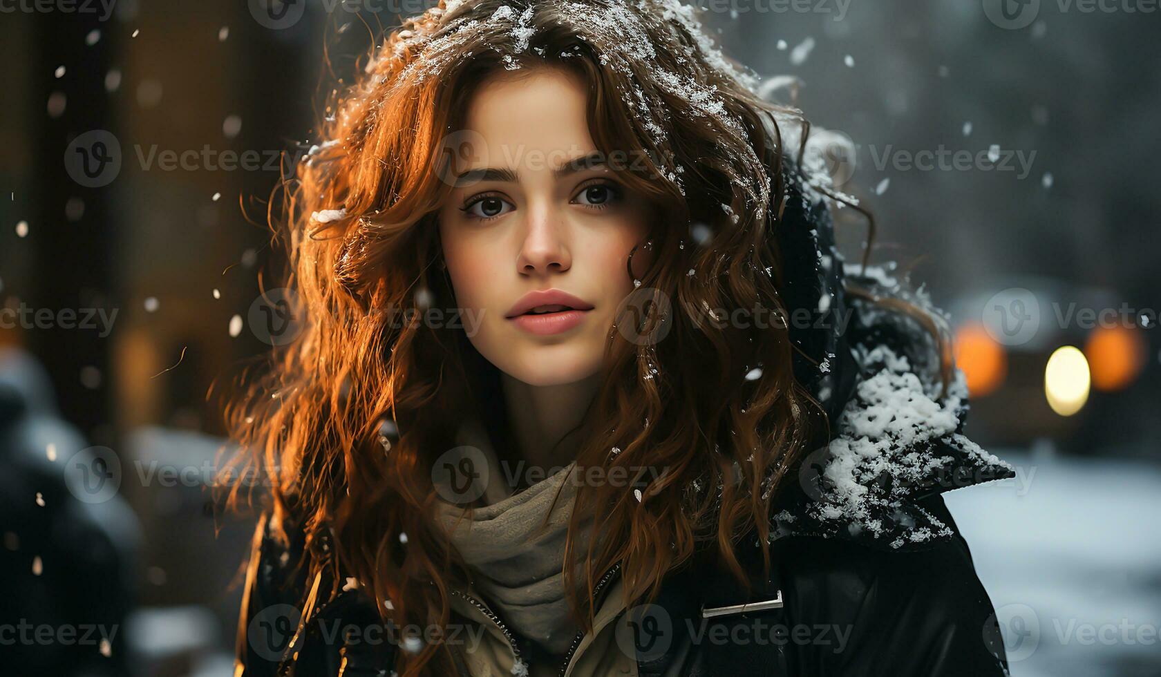Portrait of a woman under falling snow. Winter time. AI generated photo