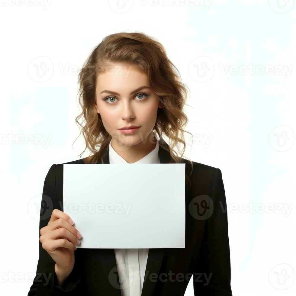 Businesswoman holding a blank sign Isolated on white background AI Generated photo