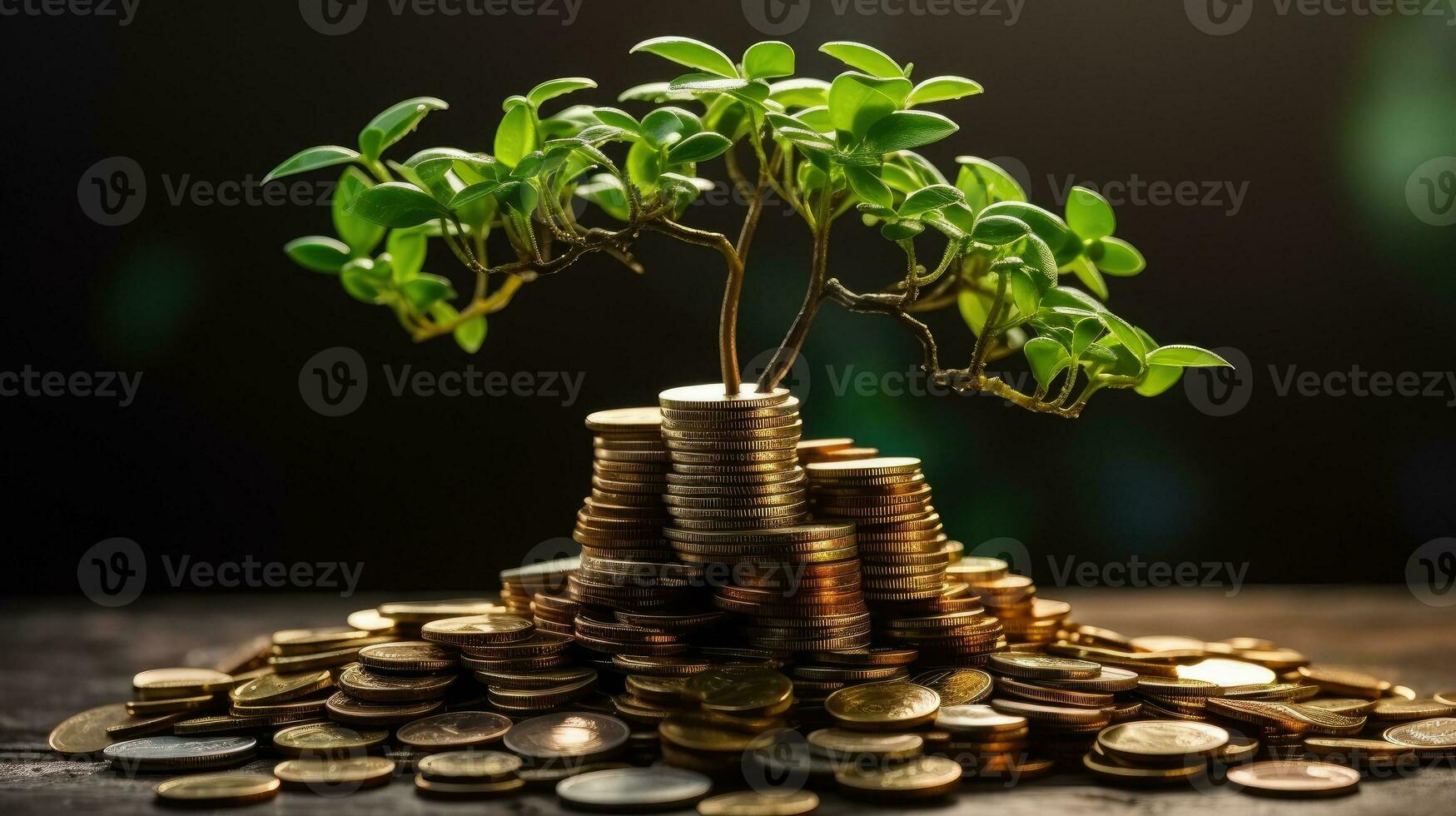 Small tree on stack coins AI Generated photo