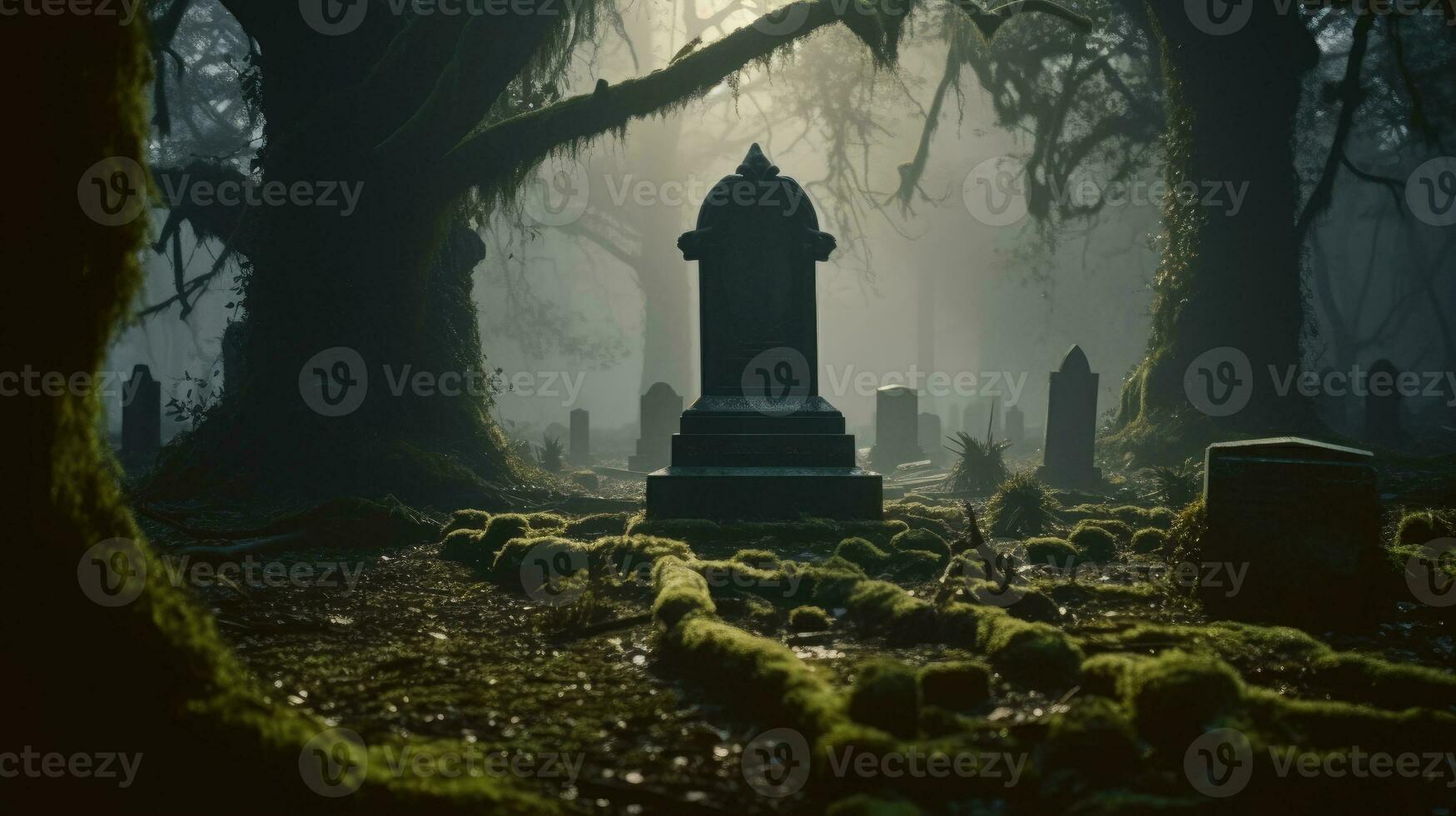Spooky tombstone in dark forest AI Generated photo