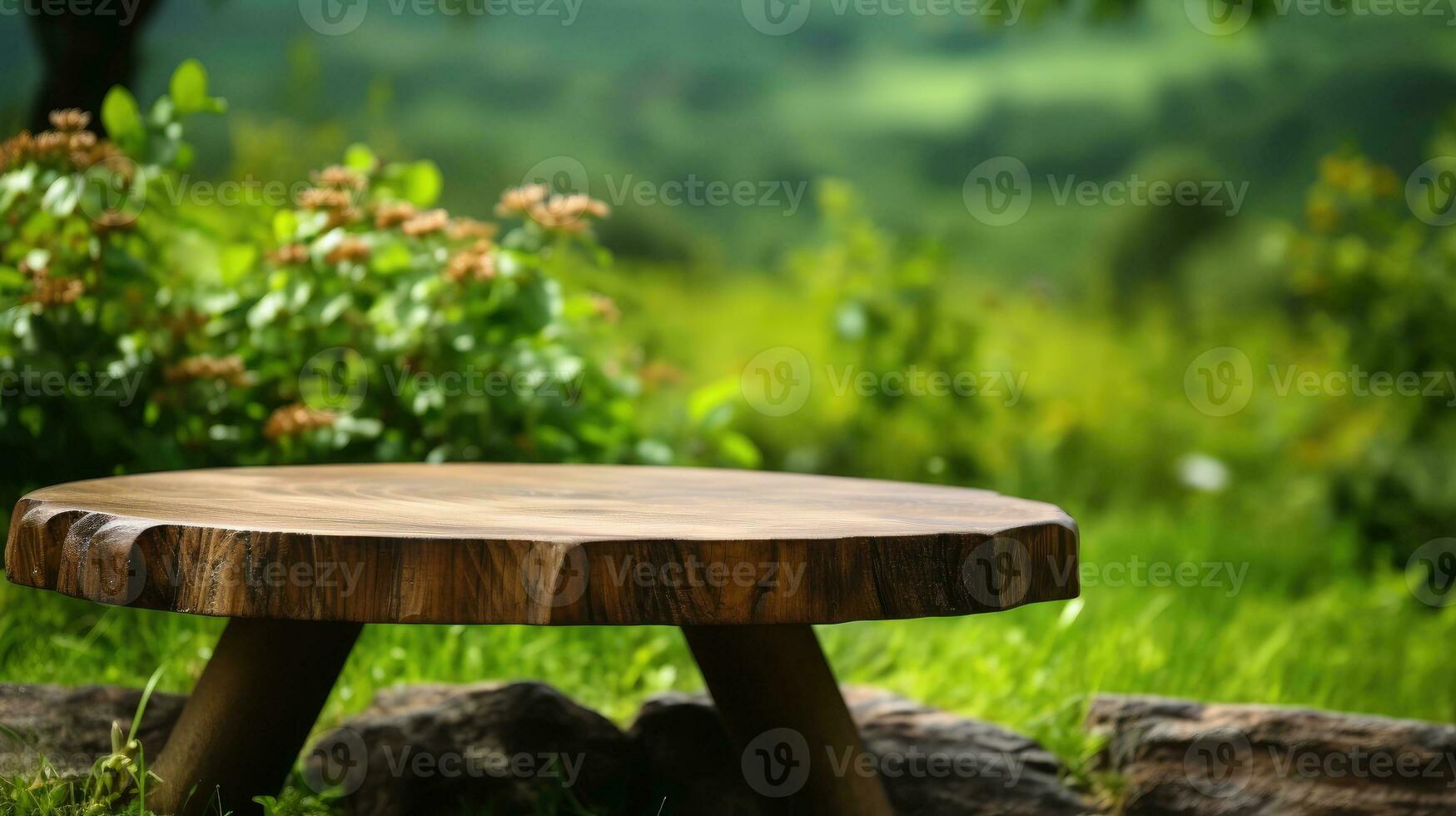 de madera mesa en naturaleza ai generado foto