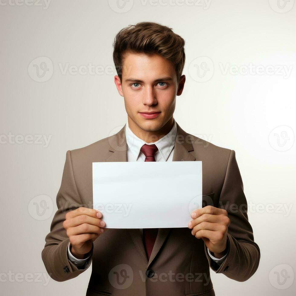 Businessman holding a blank sign Isolated on white background AI Generated photo