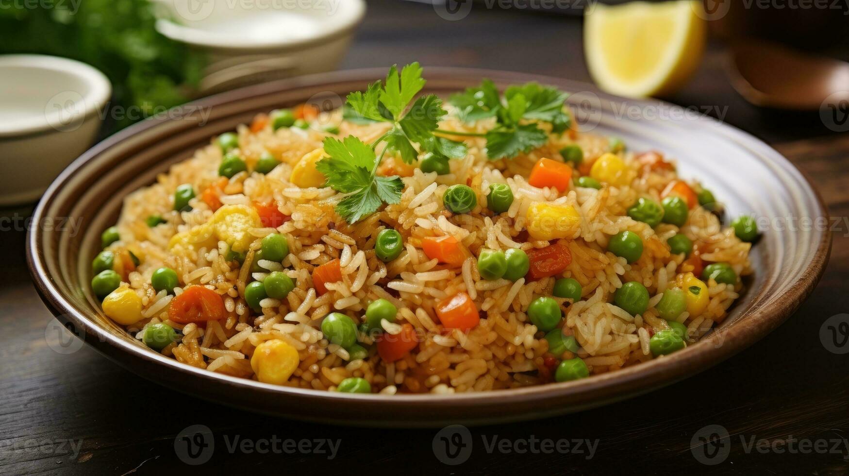 Fried rice with peas and carrot AI Generated photo