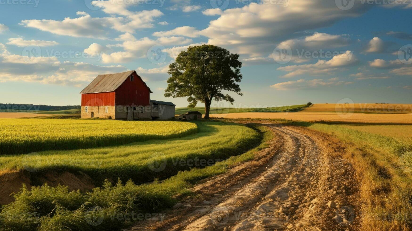 Green fields rural barns AI Generated photo