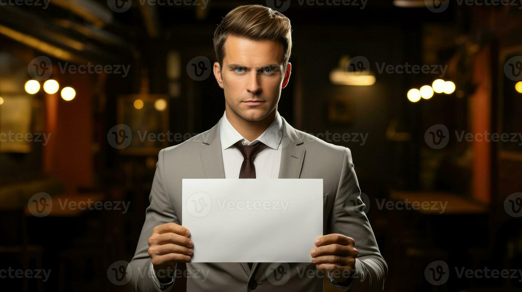 Businessman holding a blank sign AI Generated photo