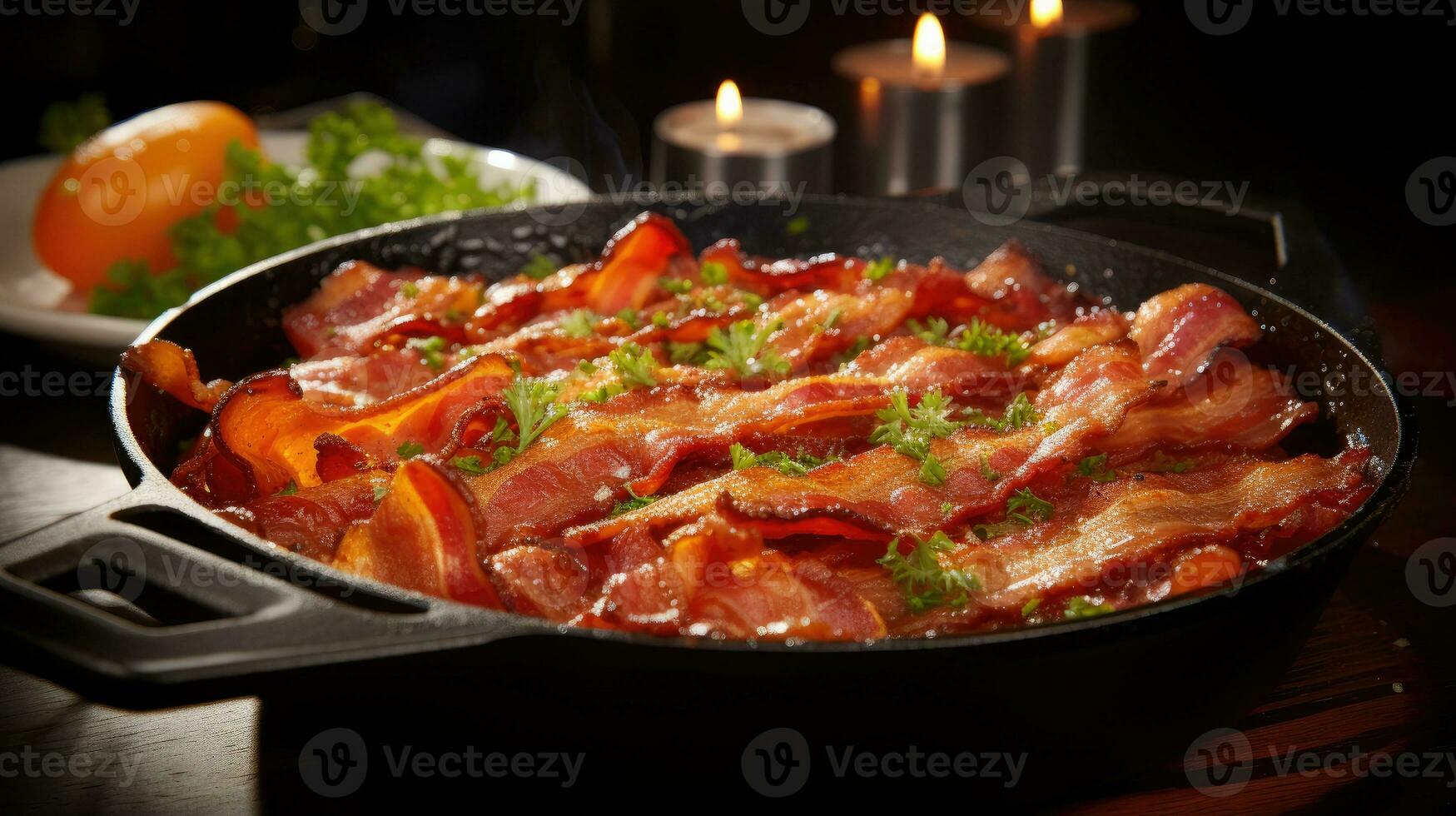 Crunchy streaky bacon fried in a cast iron skillet AI Generated photo