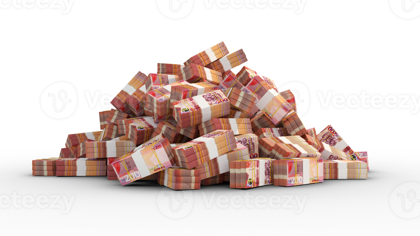 Big pile of bundles of 200 Ghanaian cedi notes. 3d rendering of stacks of cash png