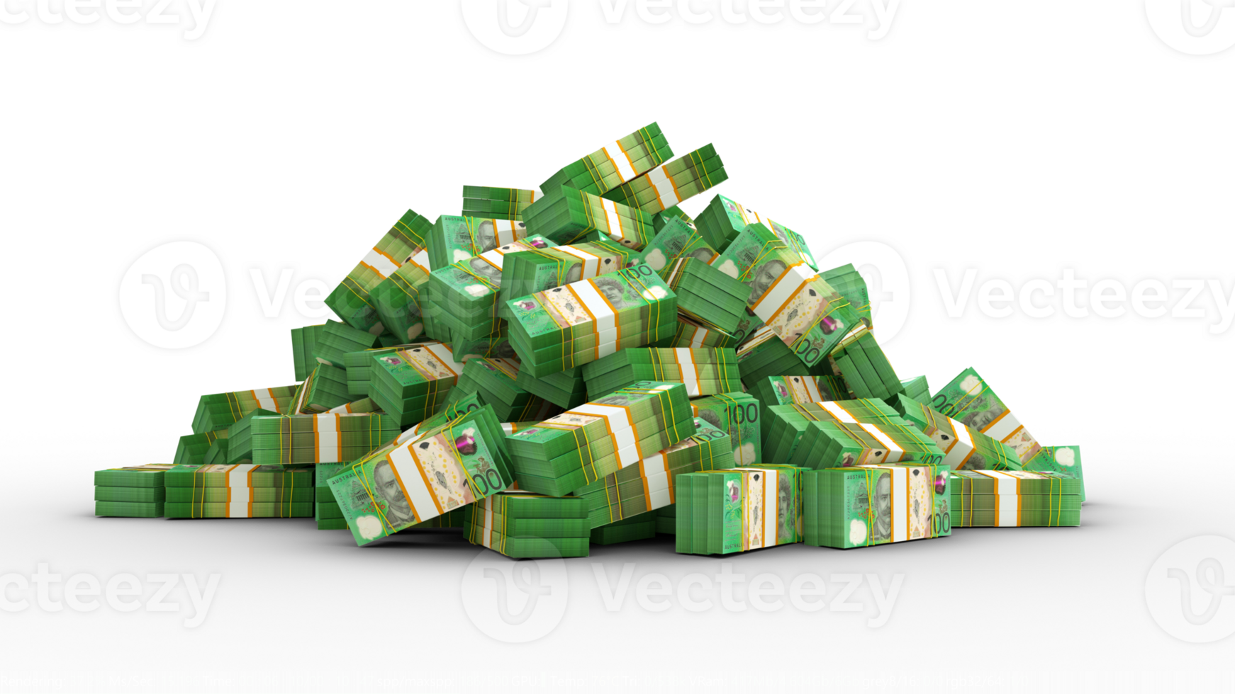 Big pile of bundles of 100 Australian dollar notes. 3d rendering of stacks of cash png