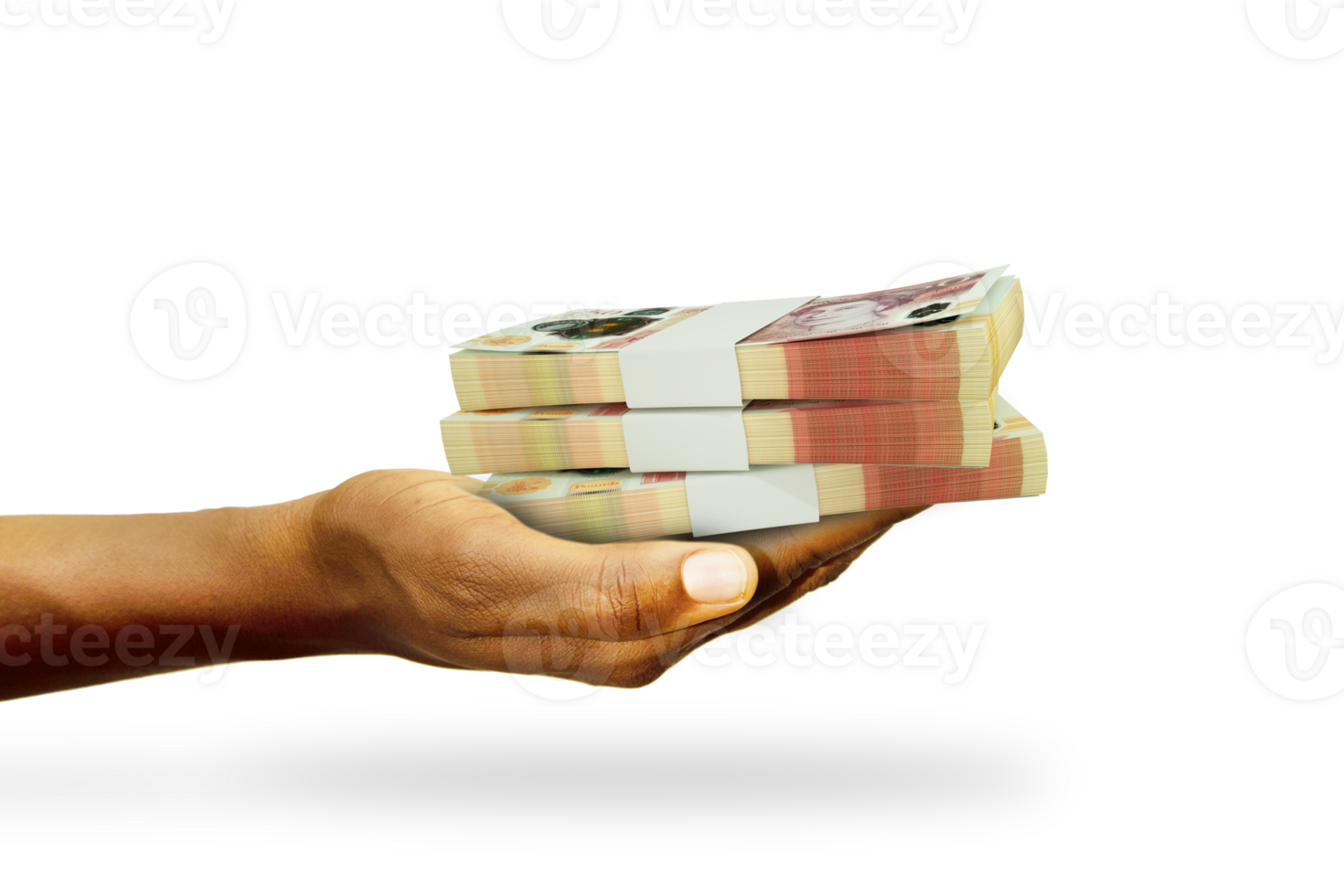 Hand Holding 3D rendering of stacks of British pounds sterling notes isolated on transparent background png