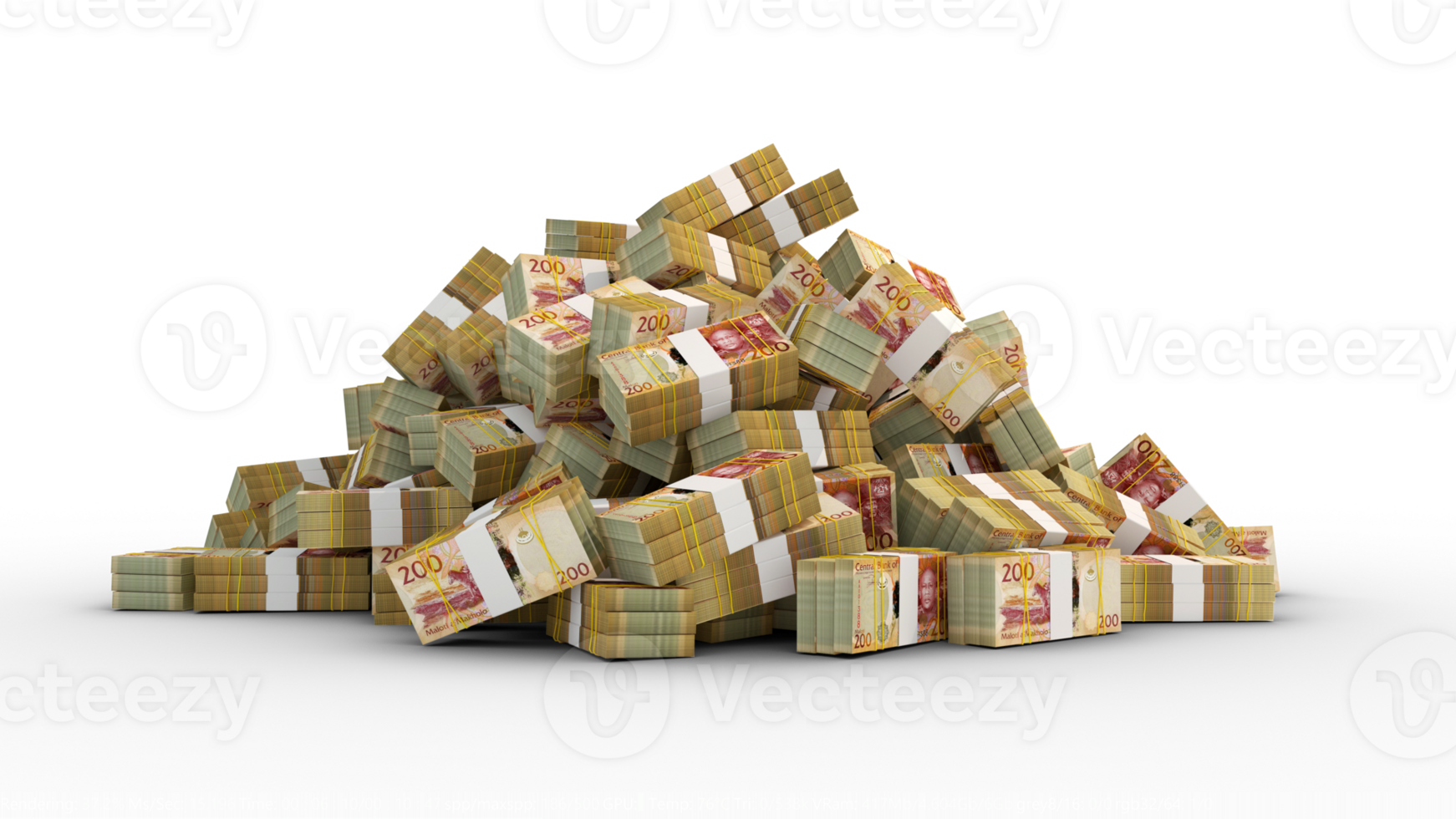 Big pile of bundles of Lesotho loti notes. 3d rendering of stacks of cash png